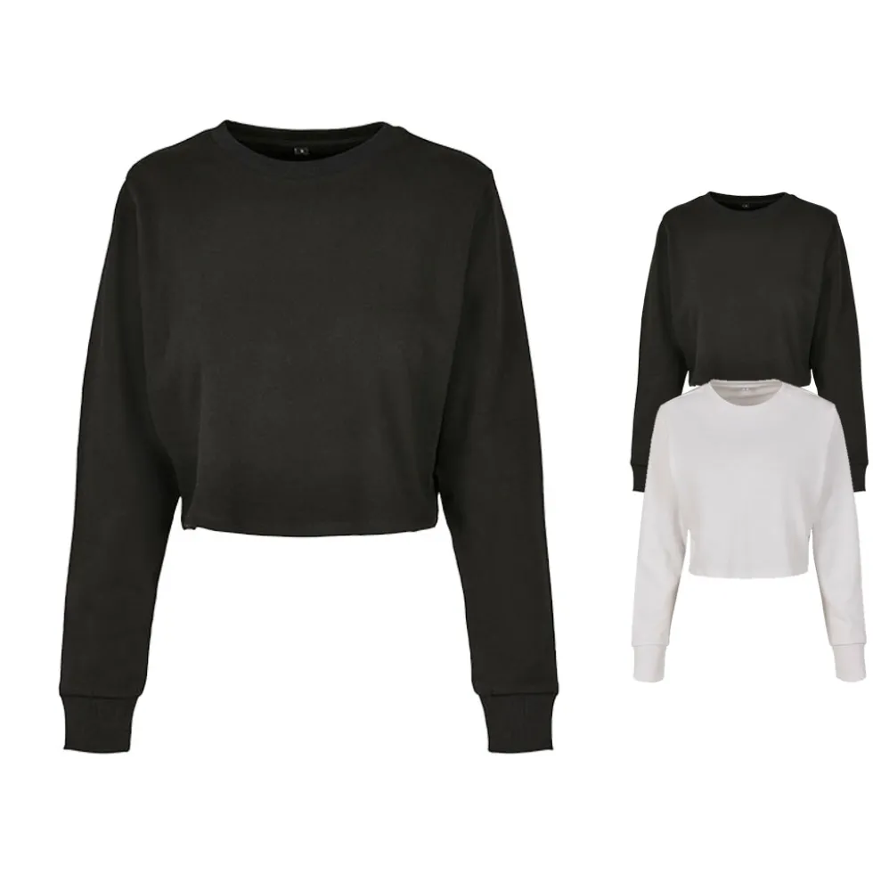 BY131 Build Your Brand Damen Frottee Sweatshirt Rundhals abgeschnitten bauchfrei