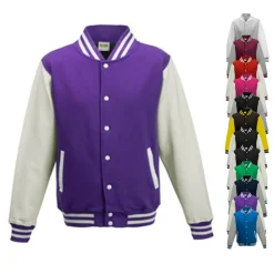 JH043K Just Hoods Kinder Jacke Baseball-Jacke mit kontrastfarbenen Ärmeln VARSITY-Jacke