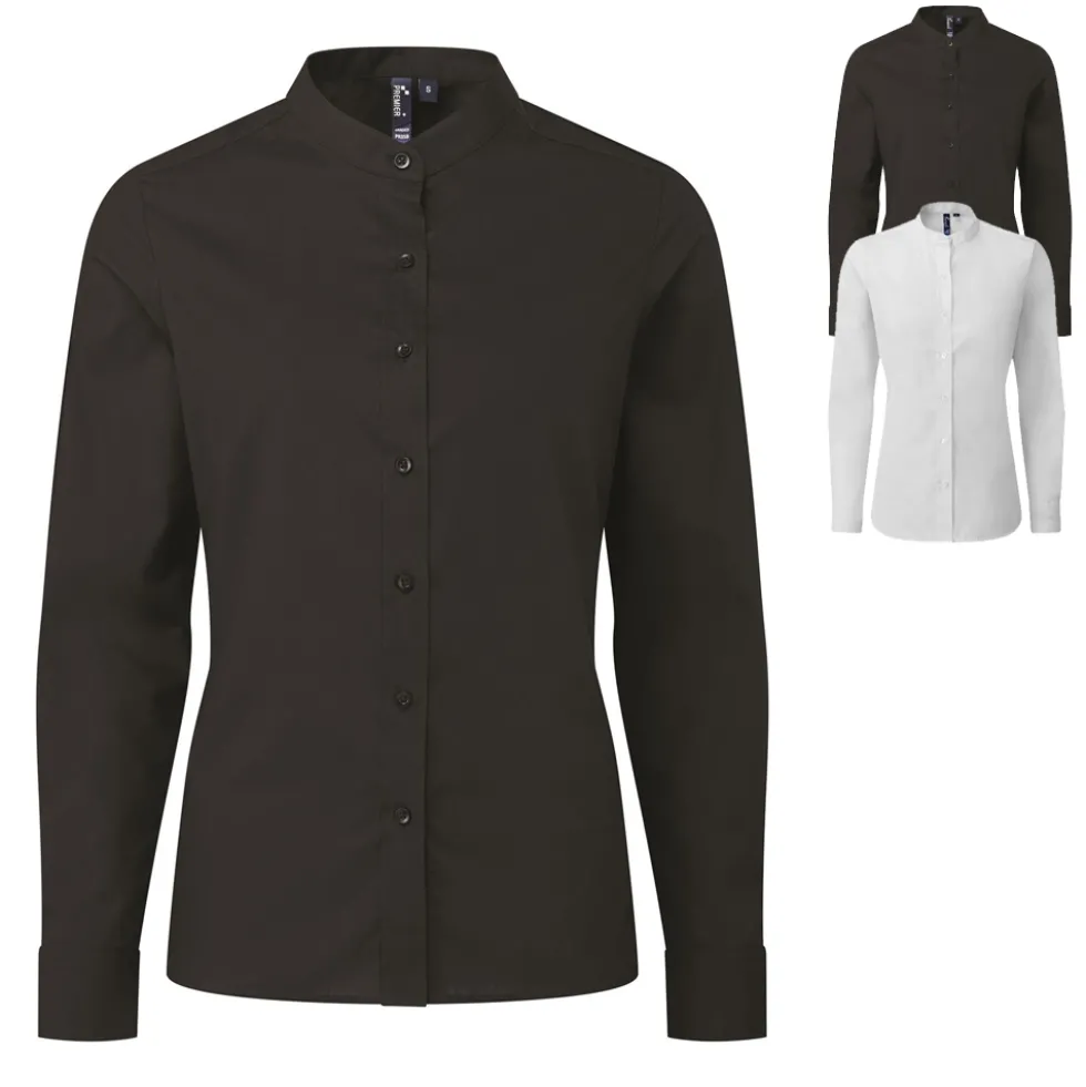 PW358 Premier Workwear Damen Bluse „Großvater“-Stehkragen langarm