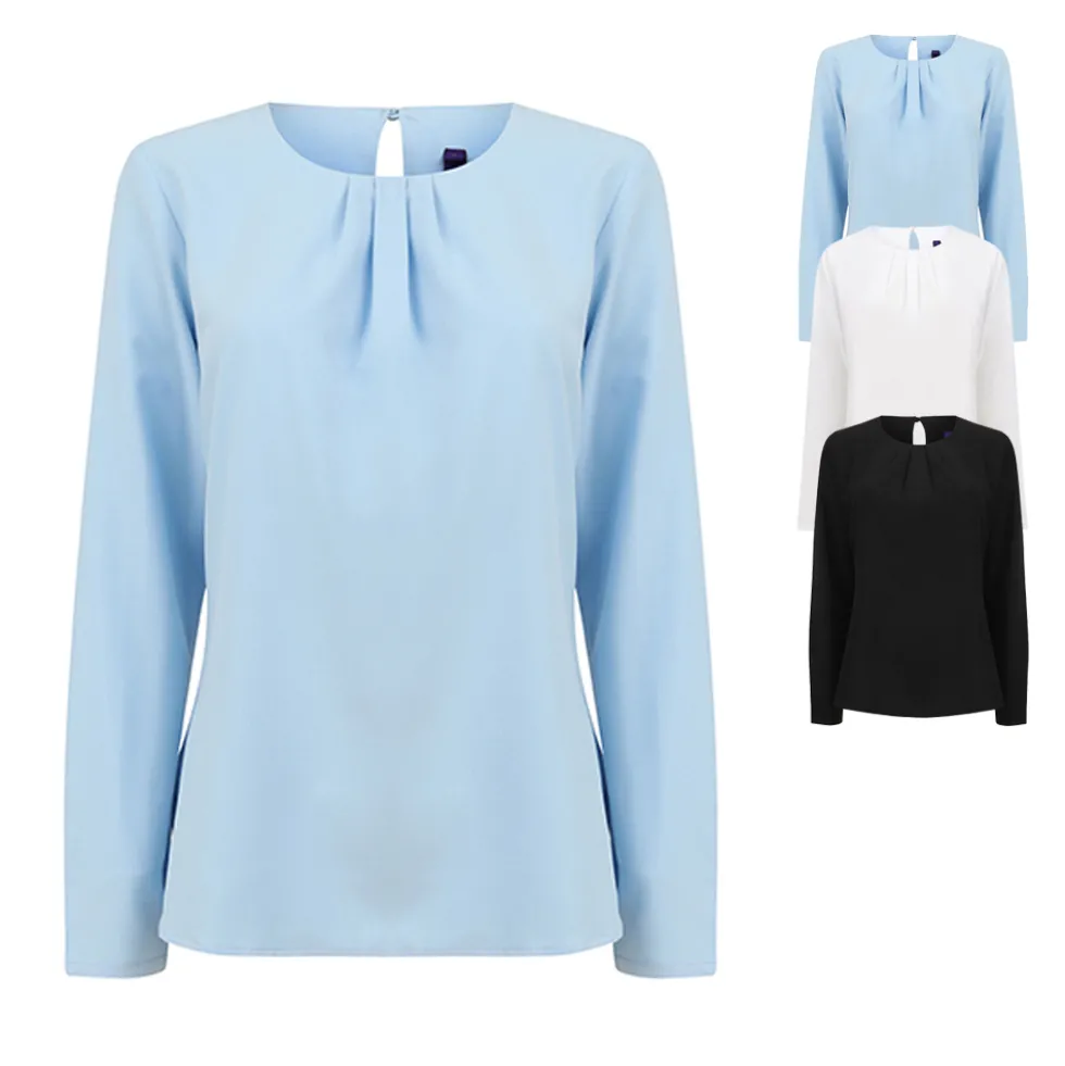 W598 Henbury Damen Bluse mit Falten vorne und langen Ärmeln